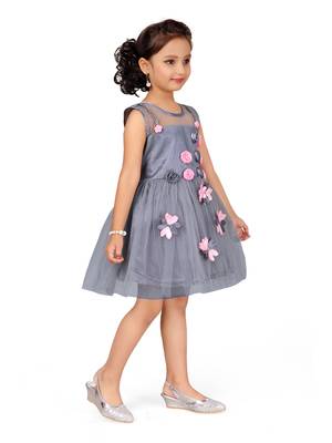 Grey plain net kids-frocks 3