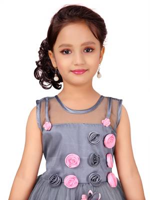 Grey plain net kids-frocks 5