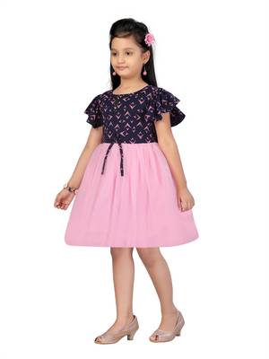 Blue printed blended cotton kids-frocks 3