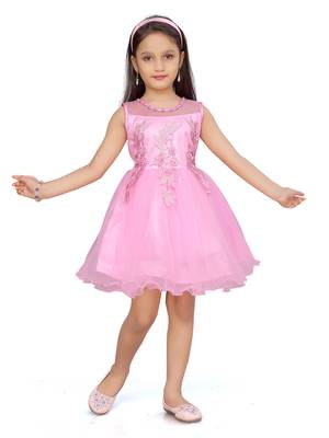 Pink plain net kids-frocks 1