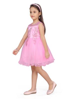 Pink plain net kids-frocks 2