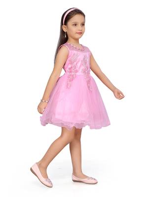 Pink plain net kids-frocks 3