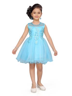 Turquoise plain net kids-frocks 1