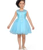 Turquoise plain net kids-frocks