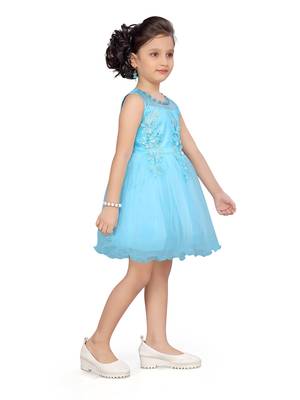Turquoise plain net kids-frocks 2