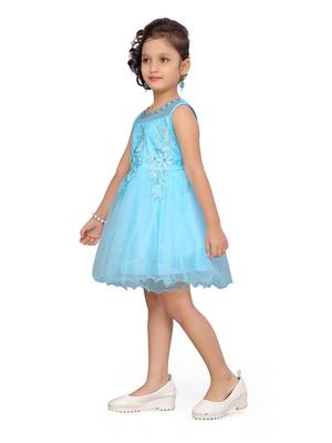 Turquoise plain net kids-frocks 3