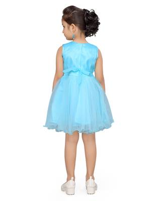 Turquoise plain net kids-frocks 4