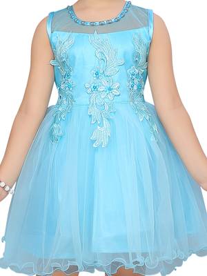 Turquoise plain net kids-frocks 5