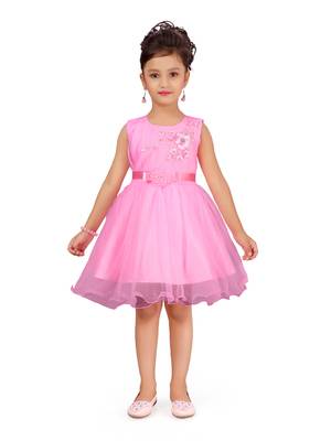 Pink embroidered net kids-frocks 1