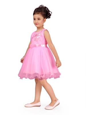 Pink embroidered net kids-frocks 2