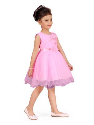 Pink embroidered net kids-frocks 3