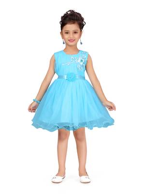 Turquoise plain net kids-frocks 1