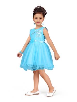 Turquoise plain net kids-frocks 2