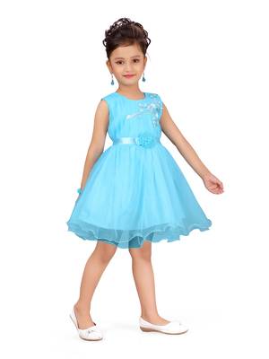 Turquoise plain net kids-frocks 3