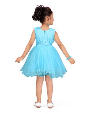 Turquoise plain net kids-frocks 4