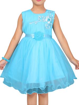 Turquoise plain net kids-frocks 5