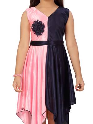 Pink plain silk kids-frocks 5