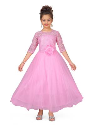 Pink plain polyester kids-girl-gowns 1