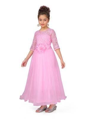 Pink plain polyester kids-girl-gowns 2