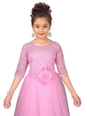 Pink plain polyester kids-girl-gowns 5