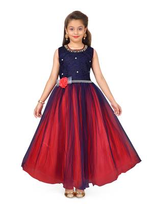 Blue plain polyester kids-girl-gowns 1