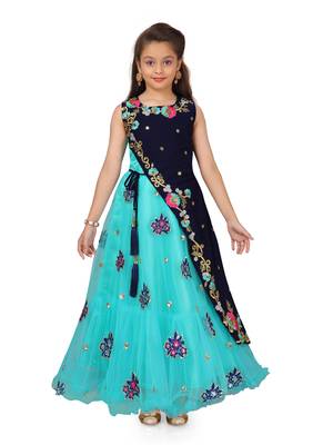 Green plain polyester kids-girl-gowns 1