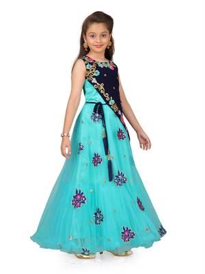 Green plain polyester kids-girl-gowns 3