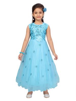 Turquoise plain net kids-girl-gowns 1