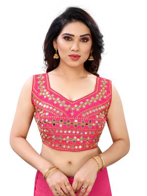 Pink art silk Mirror Work blouse 1