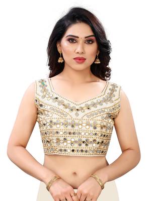 White art silk Mirror Work blouse 1