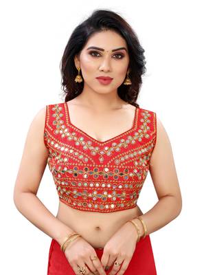 Red art silk Mirror Work blouse 1