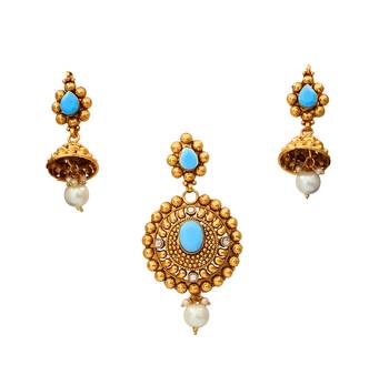 Blue gold plated antique gold Copper   Pendant  pair of Earrings 1