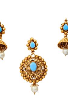 Blue gold plated antique gold Copper   Pendant  pair of Earrings