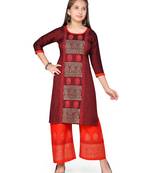 Maroon printed cotton girls kurtis and bottom
