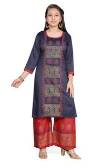 Blue printed cotton girls kurtis and bottom