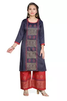 Blue printed cotton girls kurtis and bottom
