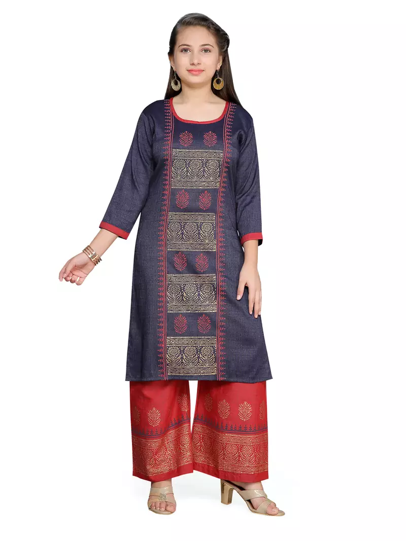 Blue printed cotton girls kurtis and bottom