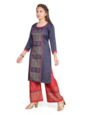 Blue printed cotton girls kurtis and bottom 2