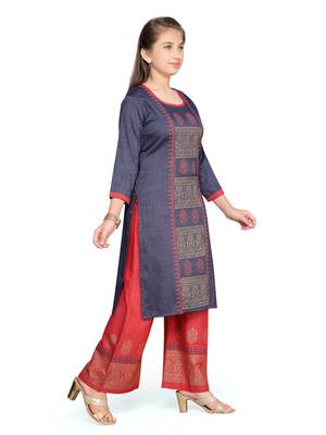 Blue printed cotton girls kurtis and bottom 3