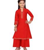 Red printed cotton girls kurtis and bottom