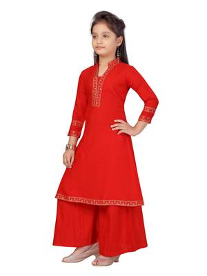 Red printed cotton girls kurtis and bottom 3