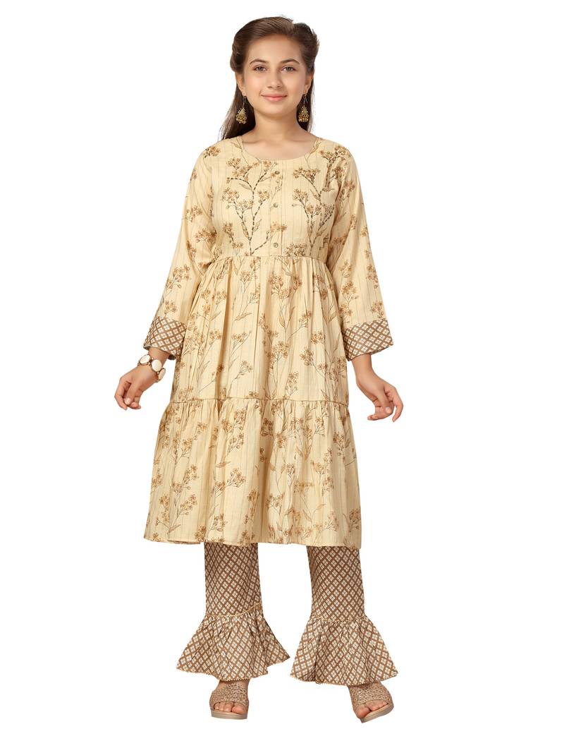 Beige plain cotton girls kurtis and bottom