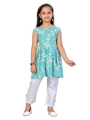 Turquoise embroidered cotton girls kurtis and bottom 1