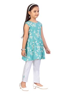 Turquoise embroidered cotton girls kurtis and bottom 2