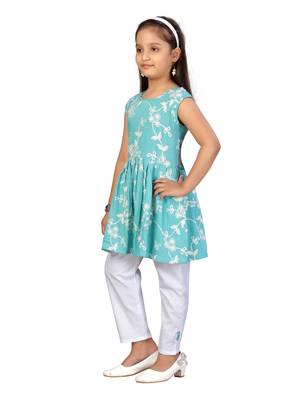 Turquoise embroidered cotton girls kurtis and bottom 3
