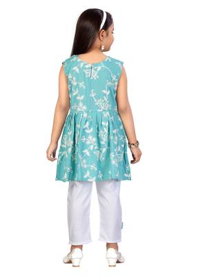 Turquoise embroidered cotton girls kurtis and bottom 4