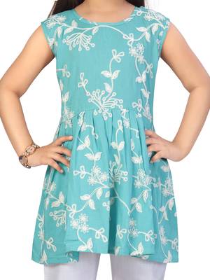 Turquoise embroidered cotton girls kurtis and bottom 5