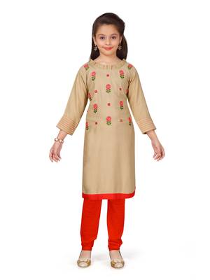 Beige embroidered cotton girls kurtis and bottom 1