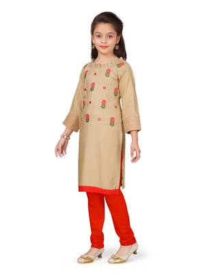 Beige embroidered cotton girls kurtis and bottom 2