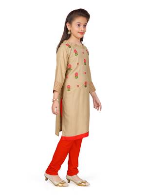Beige embroidered cotton girls kurtis and bottom 3